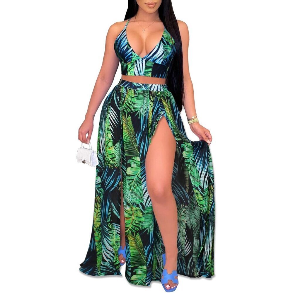 Women's Bohemian Chiffon 2 Piece Set Crop Cami Top & Maxi Dress Large - Picture 3 of 6
